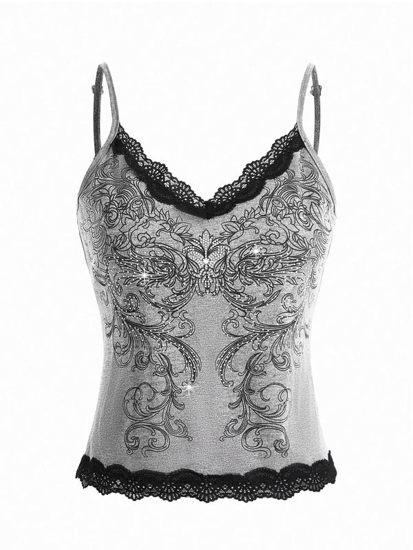 Women's Rhinestone Decor Contrast Lace Cami Top, Elegant Adjustable Spaghetti Strap Top for Summer, Ladies Clothes for Daily Wear