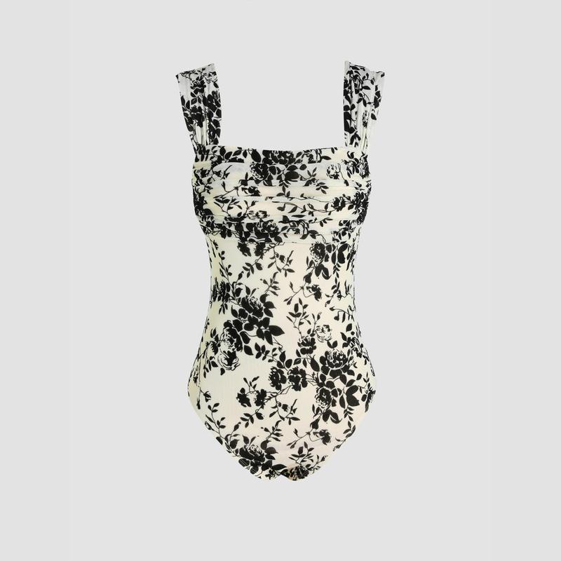 Cider [3 colors, size 0-26] Floral Ruched Sleeveless Bodysuit