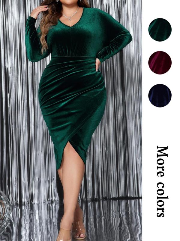  Solid Ruched Wrap Bodycon Dress, Elegant Long Sleeve V Neck Dress for Party Holiday Wedding Guest, Women's Clothes for Spring & Fall