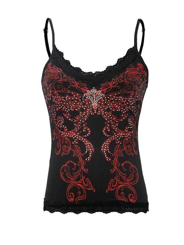 Women's Rhinestone Decor Contrast Lace Cami Top, Elegant Adjustable Spaghetti Strap Top for Summer, Ladies Clothes for Daily Wear