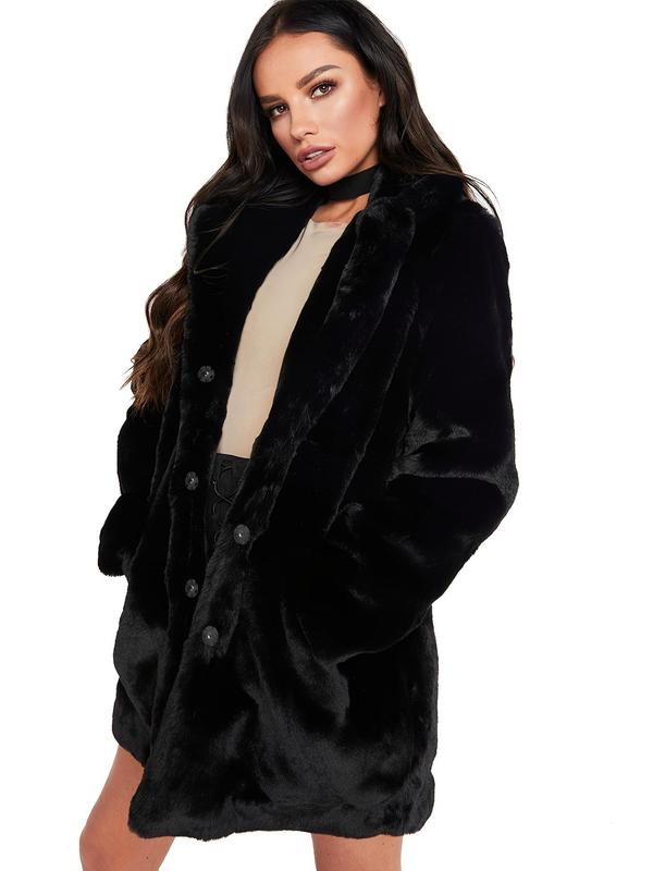 women's Solid Color Pocket Button Front Lapel Faux Fur Coat, Casual Jackets, Long Sleeve Outerwear for Fall & Winter,  Winter Clothes Women, Ladies Clothes for Daily Wear