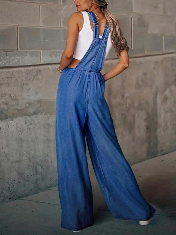  Solid Pocket Adjustable Strap Overalls, Casual Wide Leg Suspender Pants for Daily Wear, Women's Overalls for All Seasons