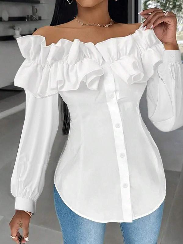 Women's Plain Ruffle Trim Off Shoulder Blouse, Elegant Bishop Sleeve Button Front Top for Fall, Women's Clothing for Daily Wear