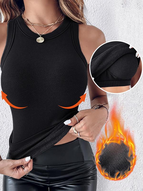 Women's Solid Color Round Neck Thermal Lined Tank Top, Casual Sleeveless Chest Pad Crew Neck Top for Spring & Fall, Women's Clothing for Daily Wear