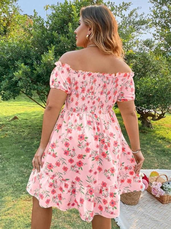  All Over Floral Print Frill Trim Shirred Off Shoulder A Line Vintage Dress, Plus Boho Romantic Short Sleeve Ruffle Hem Knee Length Dress for Beach Vacation Holiday Wedding Guest, Women's Plus Clothes for Summer, Plus Size Fall Clothing