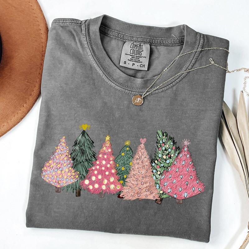 Sketched Christmas Trees, Christmas Heart, Vibrant, Winter, Snow, Xmas Tshirt, Christmas Comfort Colors Tshirt, Women's Graphic Tee, Xmas, Santa, Winter, Snow