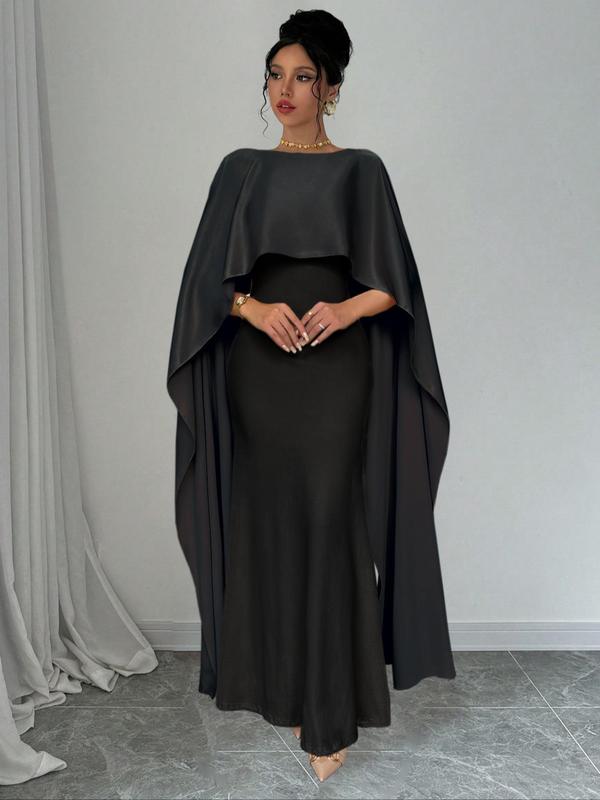 Women's Plain Cloak Sleeve Mermaid Dress, Elegant Boat Neck Extra-long Sleeve Dress for Party Banquet, Ladies Spring & Fall Clothes