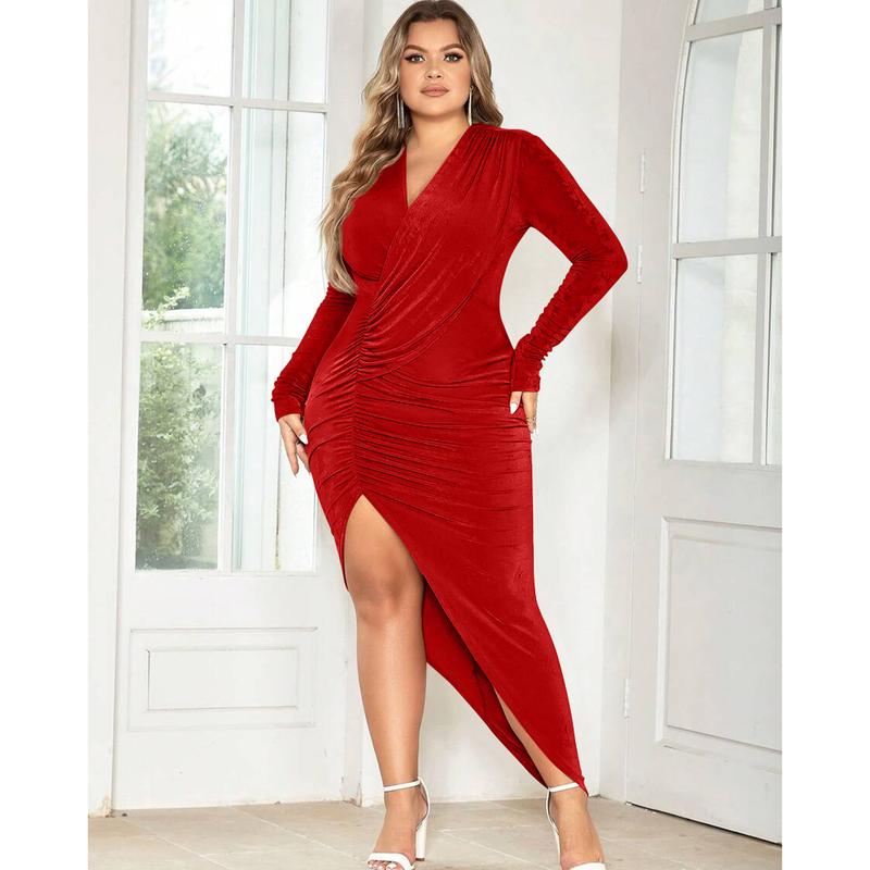 OYS Women's Elegant Deep V Neck  Long Sleeve Ruched Bodycon Split Party Maxi Dress