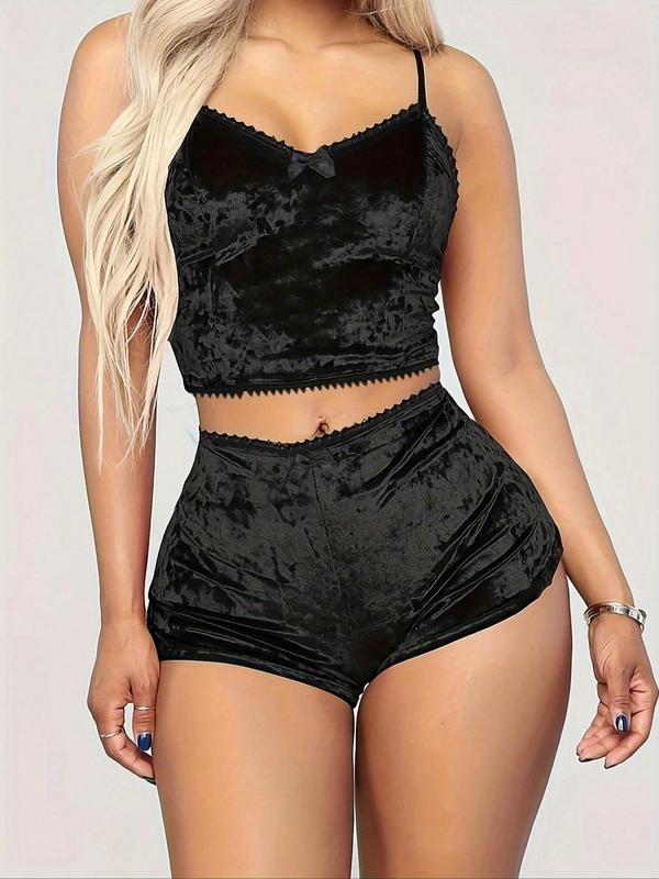 Women's Minimalist Bow Decor Velvet Two-Piece Set, Lady Casual Comfort Crop Cami Top & High Waist Modesty Shorts for Summer, Casual Summer Outfits Set for Ladies Outdoor Holiday, Womenswear Suits