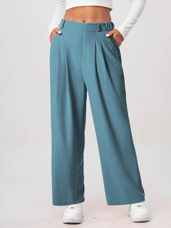 Women's Plain Ruched Pocket Elastic Waist Wide Leg Pants, Casual Comfy Trousers for Daily Wear, Ladies Bottoms for All Seasons