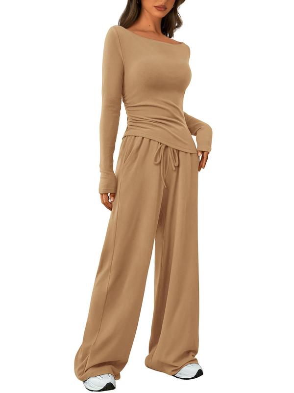 Women's Solid Boat Neck Long Sleeve Tee & Drawstring Waist Wide Leg Pants Loungewear Two-piece Set, Casual Comfy Pyjama Set for Women, Women's Sleepwear for Spring & Fall