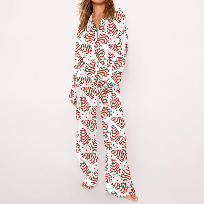 Christmas Tree Cakes Pajama Set For Women Print Comfy Satin Sleepwear & Loungewear Pjs Printing Silky Set - Bottoms Without Pockets - SHESHOW