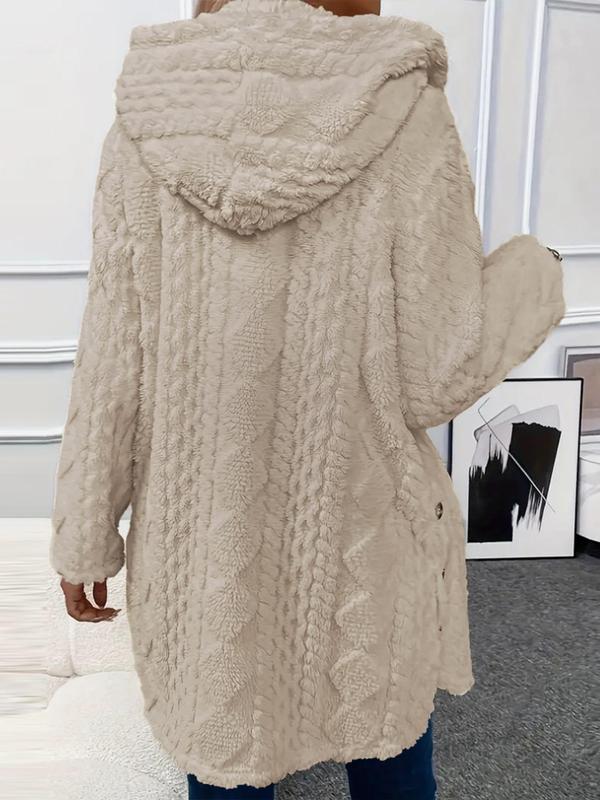 Argyle Textured Button Down Side Slit Long Sleeve Fleece Teddy Coat Hooded Jacket Warm Outwear