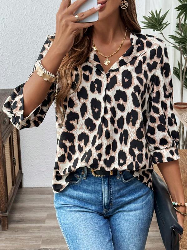 Women's Leopard Print Lapel Neck Blouse, Casual 3 4 Sleeve Top for Business Office Work, Ladies Clothes for All Seasons