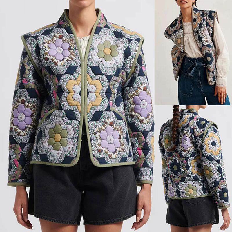 SCUSTY Women's Lightweight Cropped Floral Quilted Puffer Jacket Printed Open Front Cardigan with Padded Design Puffer Coat