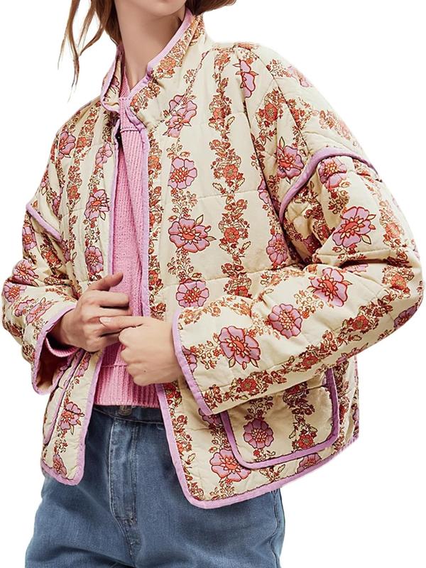 Women's Ditsy Floral Print Pocket Open Front Jacket, Casual Drop Shoulder Long Sleeve Outerwear for Spring & Fall, Ladies Clothes for Daily Wear