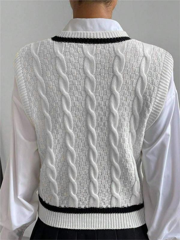 Women's Textured Contrast Binding V Neck Sweater Vest, Preppy Style Sleeveless Jumper Vest for Spring & Fall, Fashion Women's Knitwear for Daily Wear