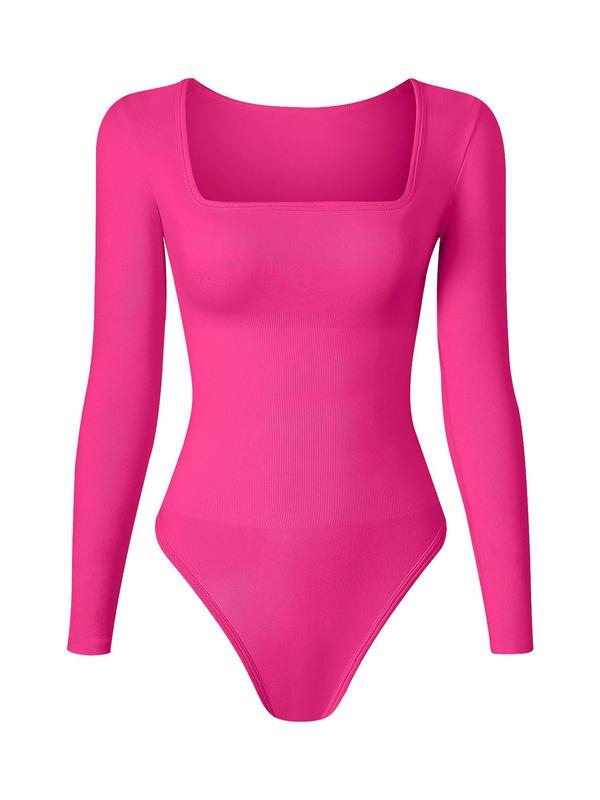 Women's Solid Long Sleeve Square Neck Sports Bodysuit, Casual Sporty Seamless Bodysuit for Yoga Gym Workout, Ladies Sportswear, Bodysuits for Women, Fall Outfits, Fallfreshness