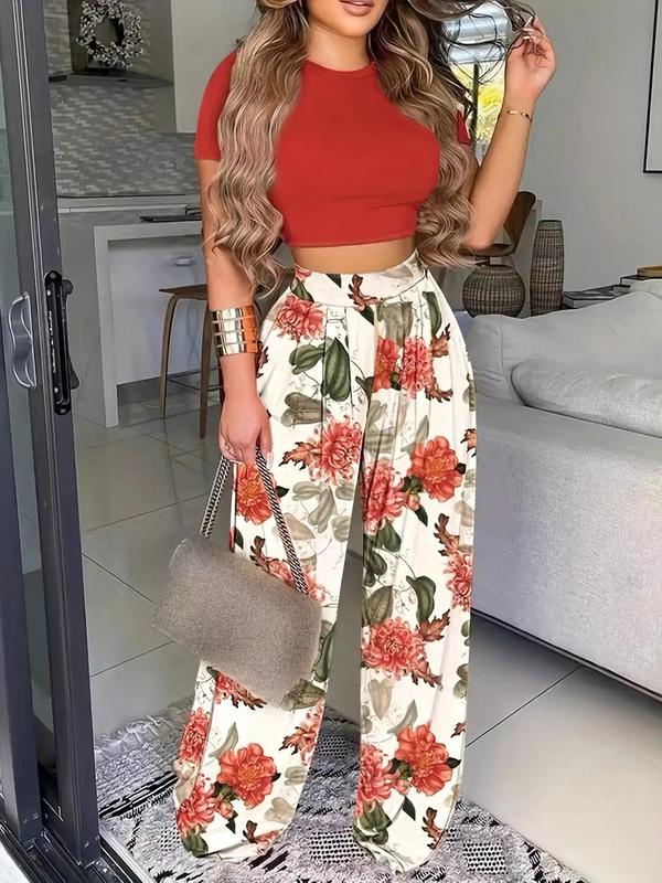 Women's Solid Crop Tee & Floral Print Wide Leg Pants Set, Fall Outfits 2024 Sets, Casual Mock Neck Short Sleeve T-shirt & Trousers, Ladies Fall Clothes