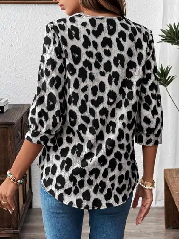 Women's Leopard Print Lapel Neck Blouse, Casual 3 4 Sleeve Top for Business Office Work, Ladies Clothes for All Seasons