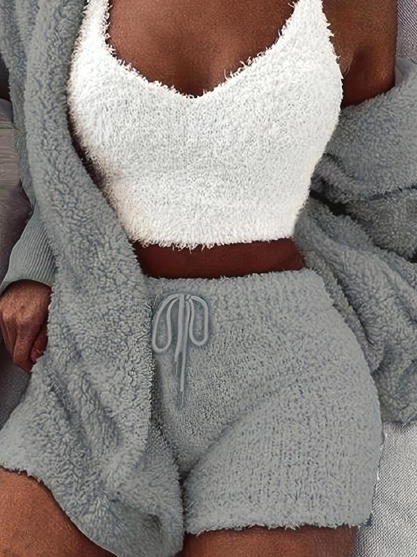 Women's Solid Color Plush Three-Piece Pyjama Set, Casual Comfy V Neck Crop Cami Top & Hooded Coat & Tie Front Shorts Loungewear Set, Fluffy Pajamas, Women's Sleepwear for Winter, PJ Pants, Fluffy Pajamas