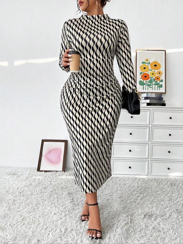 Womenswear  All Over Geometric Print Ruched Mock Neck Bodycon Dress, Formal Wear Elegant Long Sleeve Dress for Party Holiday Wedding Guest, Women's Clothes for Spring & Fall, Fall Outfits, Fallfreshness