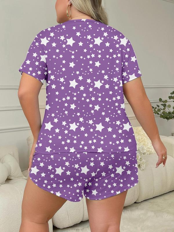 Two-Piece Set Plus Size All Over Star Print Pajama Set, Short Sleeve Round Neck Tee & Elastic Waist Shorts Loungewear Set, Summer Wear 2024, Plus Size Women's Clothing, Women's Pjs Sleepwear