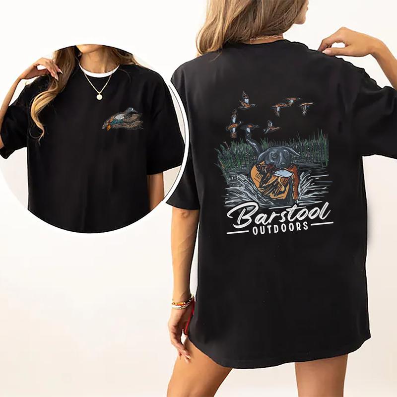 Vintage Barstool Outdoors Duck Hunt 2 Sided Shirt, Mallard Hunting Tshirt, Unisex Graphic Printed Tee, Cotton Shortsleeve Casual Womenswear, Daily Women's Top