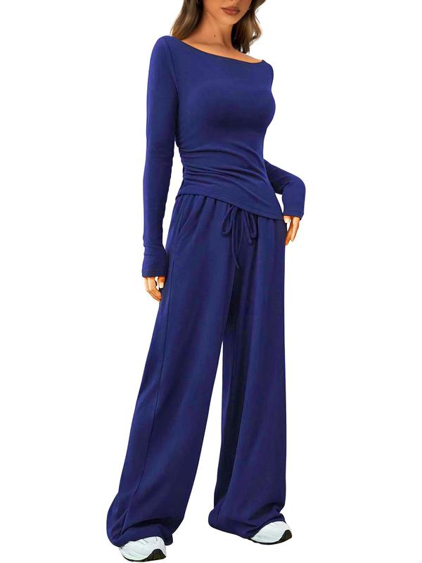 Women's Solid Boat Neck Long Sleeve Tee & Drawstring Waist Wide Leg Pants Loungewear Two-piece Set, Casual Comfy Pyjama Set for Women, Women's Sleepwear for Spring & Fall