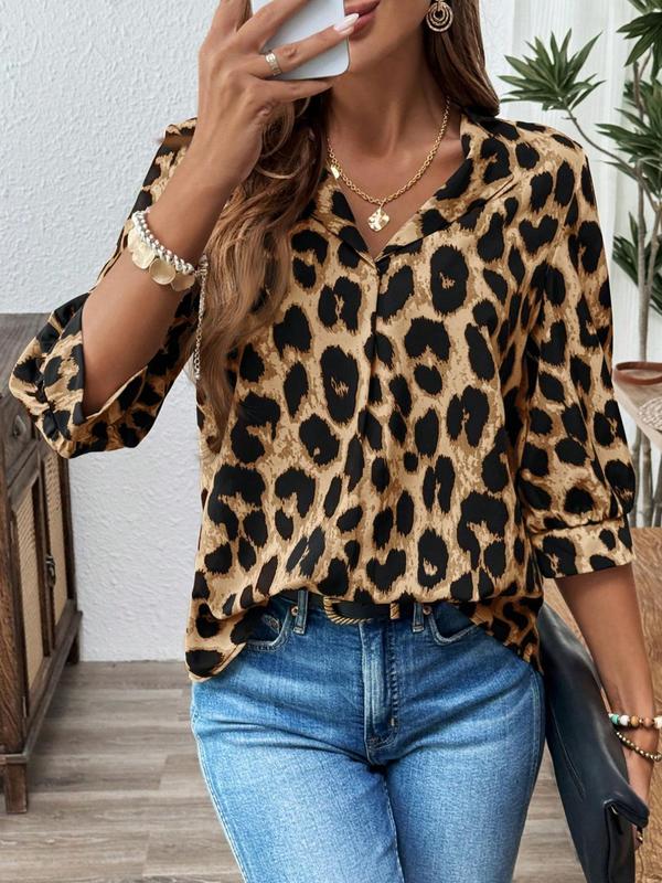 Women's Leopard Print Lapel Neck Blouse, Casual 3 4 Sleeve Top for Business Office Work, Ladies Clothes for All Seasons