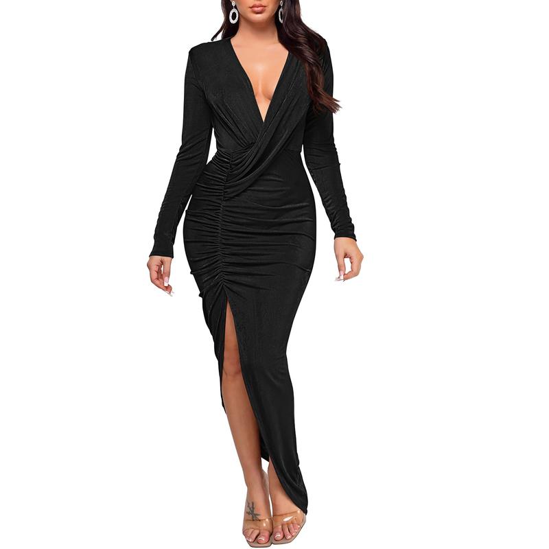 OYS Women's Elegant Deep V Neck  Long Sleeve Ruched Bodycon Split Party Maxi Dress