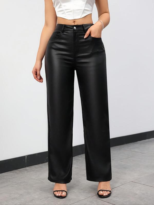 Women's Solid Color Pocket Button Fly Pu Leather Pants, Elegant Fashion Casual High Waist Trousers for Daily Outdoor Wear, Ladies Bottoms for All Seasons