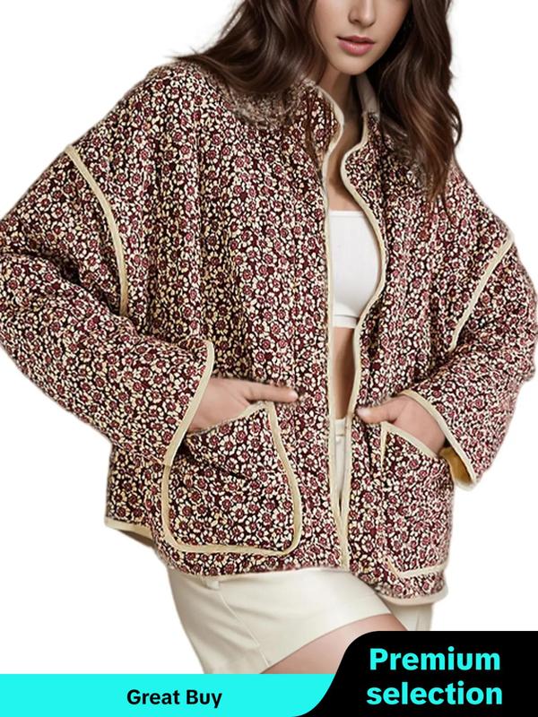 Women's Ditsy Floral Print Pocket Open Front Jacket, Casual Drop Shoulder Long Sleeve Outerwear for Spring & Fall, Ladies Clothes for Daily Wear