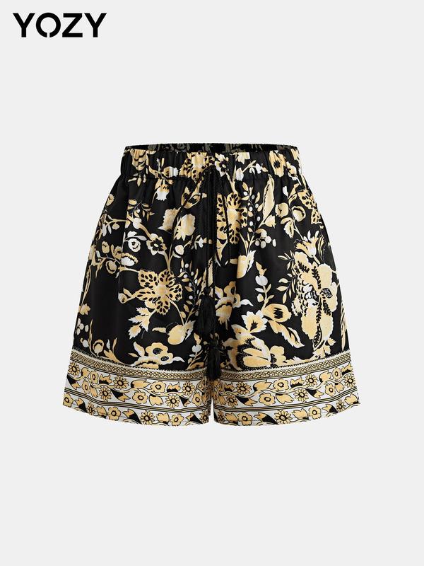 YOZY Women's Floral Print Tie Front Shorts, Boho Casual Tassel Summer Shorts, Ladies Summer Bottoms for Beach Vacation Holiday