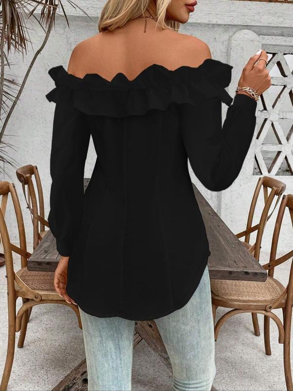 Women's Plain Ruffle Trim Off Shoulder Blouse, Elegant Bishop Sleeve Button Front Top for Fall, Women's Clothing for Daily Wear