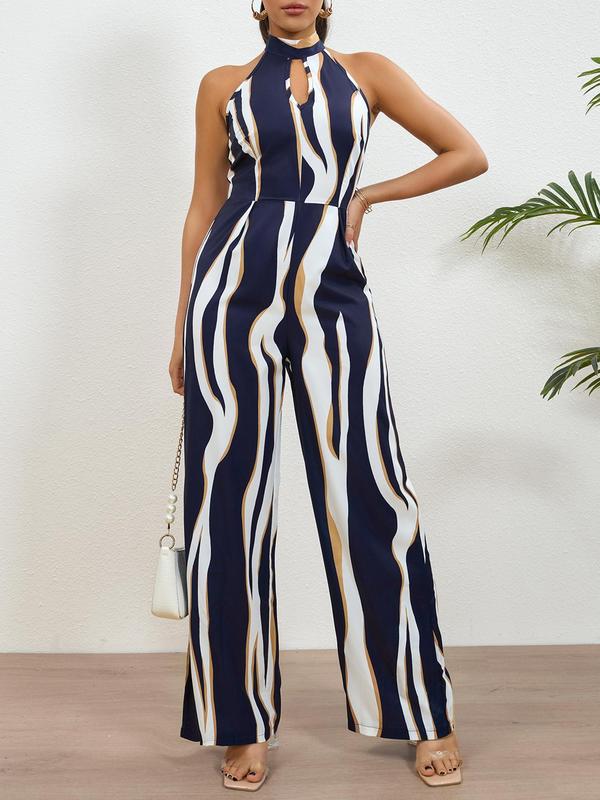 YOZY [4 colors] Tie Back Zipper Jumpsuit, Elegant All Over Print Sleeveless Keyhole Neck Straight Leg Overalls, 2024 Women's Beach Holiday Evening Wear for Spring & Summer