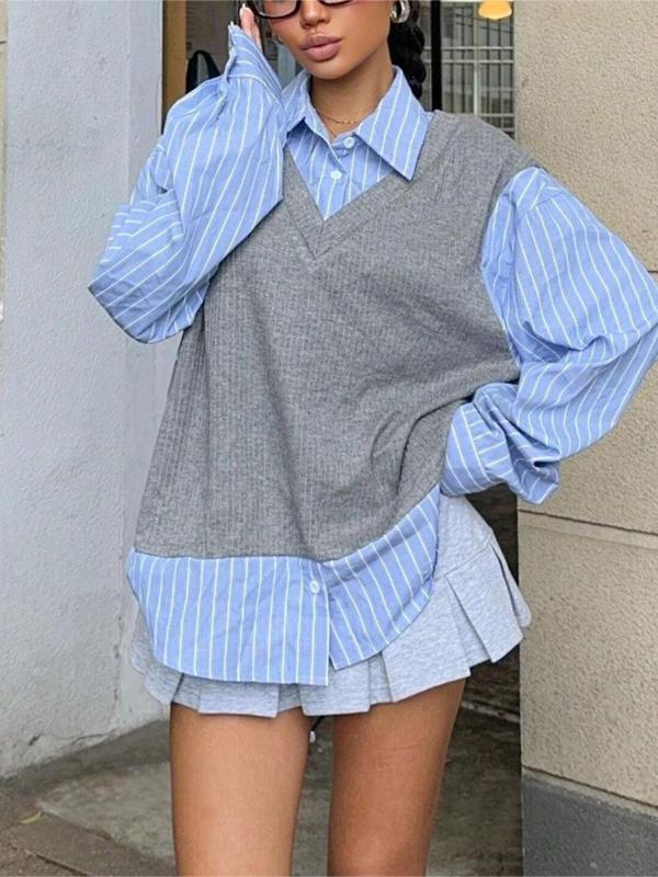 Women's Colorblock Striped Print 2 in 1 Button Front Shirt, Casual Drop Shoulder Long Sleeve Collared Top for Fall & Winter, Women's Clothes for Daily Wear