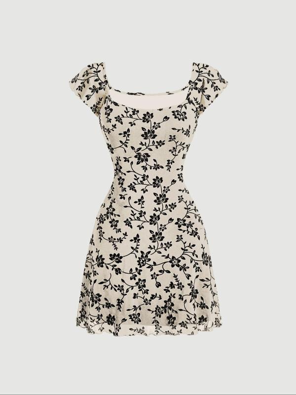 Women's All Over Floral Print Lettuce Trim Square Neck A Line Dress, Y2K Casual Cap Sleeve Short Dress for Daily Wear, Ladies Clothes for All Seasons Casual Wear