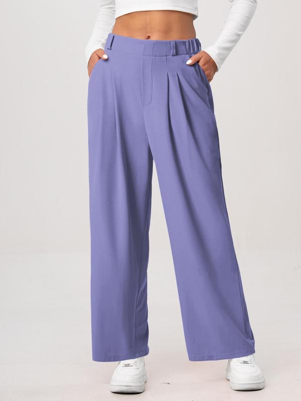 Women's Plain Ruched Pocket Elastic Waist Wide Leg Pants, Casual Comfy Trousers for Daily Wear, Ladies Bottoms for All Seasons