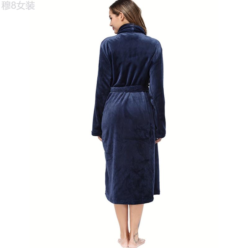 Simple Solid Flannel Long Robe, Warm & Fuzzy Lounge Robe With Pockets & Belt, Women's Sleepwear Fabric Womenswear