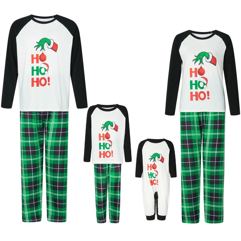 Matching Christmas Pajamas For Family Cartoon Print Raglan Long Sleeve Tops and Plaid Pants Loungewear Soft Sleepwear