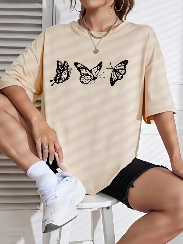 Women's Butterfly Graphic Print Round Neck Tee, Summer Clothes Women, Casual Fashion Drop Shoulder Half Sleeve T-shirt for Summer, Women's Top for Daily Wear