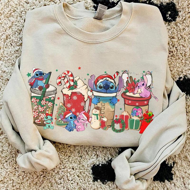 Cute Stiiiiiitch and Angel Coffee Tea Sweatshirt, Cartoon Couples Xmas Latte Drink Cup Lights Tee, Lilo Stiiiiitch Epcot Shirt, Cartoon Vacation Gift 1V4A