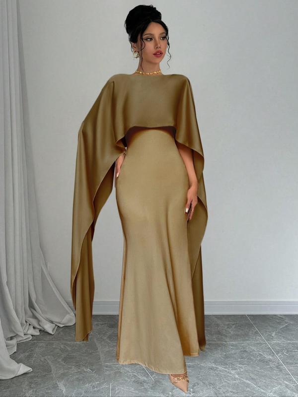 Women's Plain Cloak Sleeve Mermaid Dress, Elegant Boat Neck Extra-long Sleeve Dress for Party Banquet, Ladies Spring & Fall Clothes