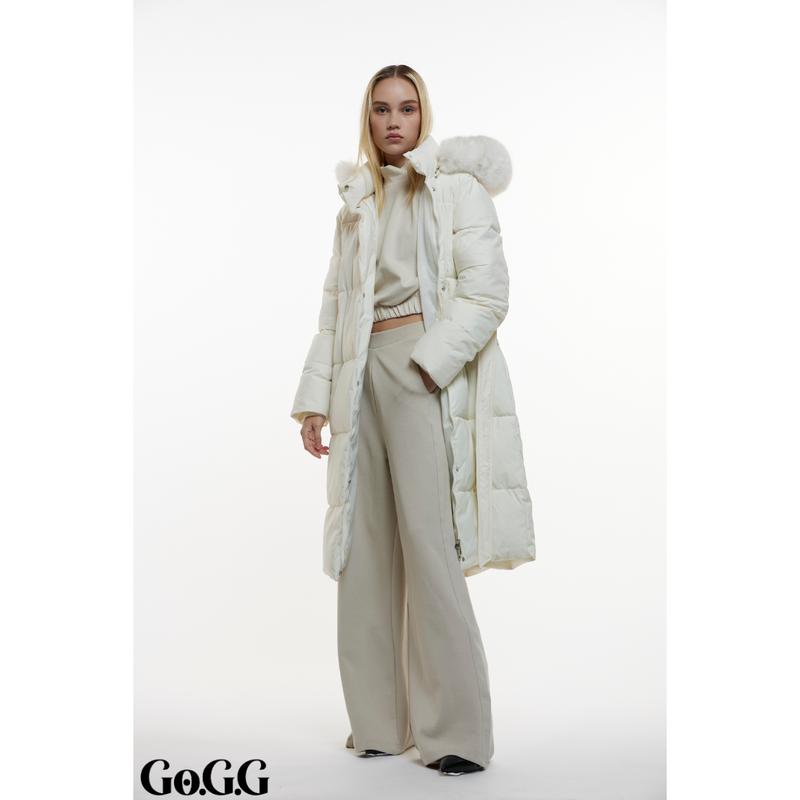 Go.G.G Faux Fur Long Belted Puffer Coat Womenswear Jackets Casual Fabric, Button Front Full Zip Long Sleeve Winter Warm Outerwear, Solid Color Pocket Design Coat for Women