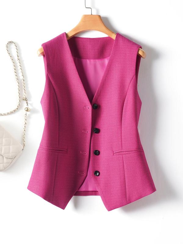 Women's Solid Color Button Front Fake Pocket Vest Blazer, Elegant Fashion Casual V Neck Sleeveless Outerwear for Work Office Business, Ladies Clothes for Fall & Winter