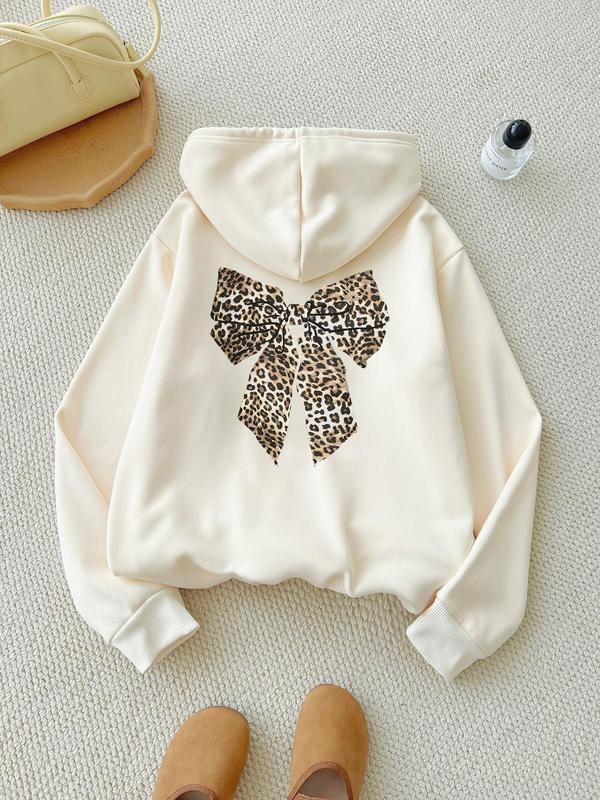 Women's Leopard Bow Print Hoodie, Casual Long Sleeve Hooded Sweatshirt for Fall & Winter, Women's Clothes for Daily Wear