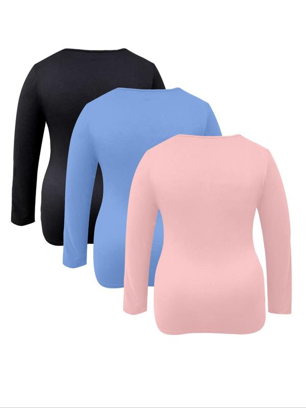 Plus Solid Long Sleeve Square Neck Tee, T Shirts for Women, Casual Comfy T-shirt for Spring & Fall, Women's Plus Size Clothes for Daily Wear, Trendy Casual Outfits 2024