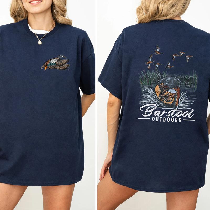 Vintage Barstool Outdoors Duck Hunt 2 Sided Shirt, Mallard Hunting Tshirt, Unisex Graphic Printed Tee, Cotton Shortsleeve Casual Womenswear, Daily Women's Top