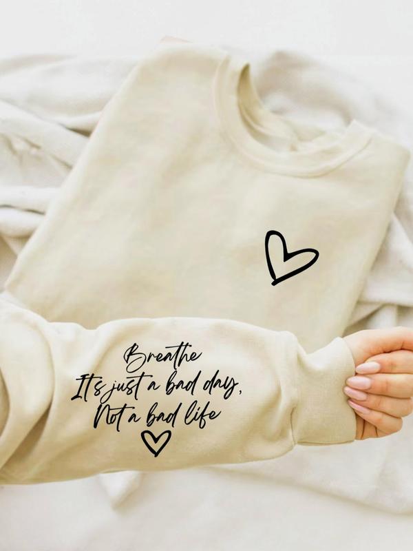 Women's Heart & Letter Print Crew Neck Sweatshirt, Casual Long Sleeve Pullover for Fall & Winter, Women's Clothes for Daily Wear